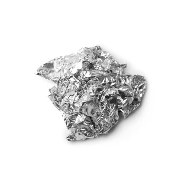 Crumpled aluminum foil from chocolate on isolation top view. Used crumpled shiny foil packaging from sweets or chocolate on insulation.