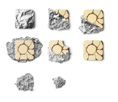 Chocolate wrapped in foil, unwrapped chocolate on foil, square shaped chocolate with nuts and raisins on a white background. Conceptual photo of the life cycle of a chocolate bar on isolation.