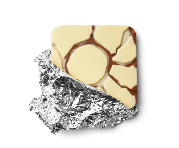 Chocolate Bar Silver Foil Half Unfolded White Background Top View — Photo