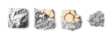 Chocolate wrapped in foil, unwrapped chocolate on foil, square shaped chocolate with nuts and raisins on a white background. Conceptual photo of the life cycle of a chocolate bar on isolation.
