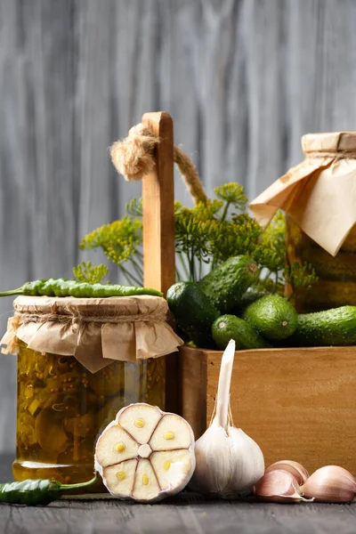 Fresh Cucumbers Wooden Box Dill Garlic Chili Peppers Pickled Cucumber — Stock Photo, Image