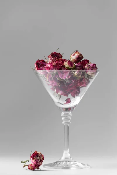 Buds Pink Roses Martini Glass Isolated Buds Dried Flowers Glass — Stockfoto