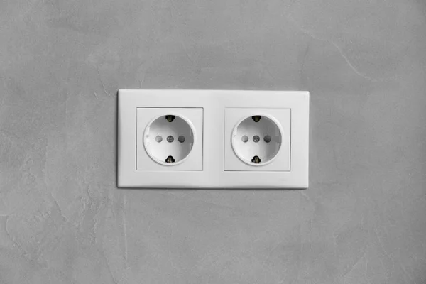 Plastic White Double Electrical Socket Gray Texture Wall Close Space — Stock Photo, Image