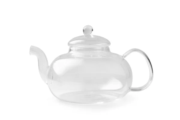 白い背景に空のガラス透明なティーポット 茶を作るための道具 — ストック写真