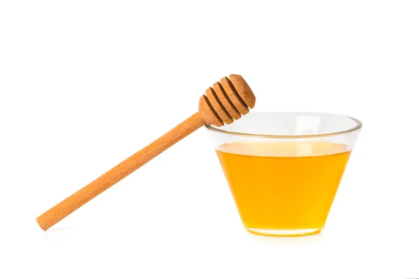Fresh Honey Glass Transparent Bowl Wooden Dipper White Isolated Background — Stock Photo, Image