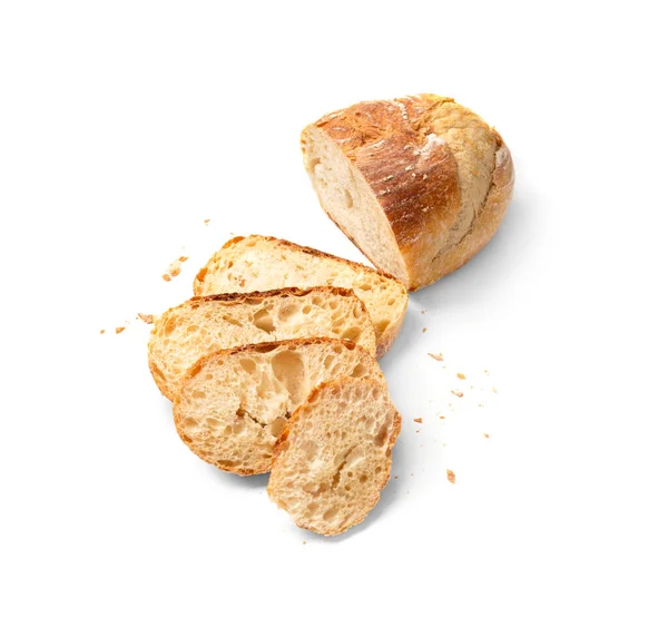 Свежий Домашний Пшеничный Хлеб Вырезается Слайдами Белом Фоне Сверху Нарезанный — стоковое фото