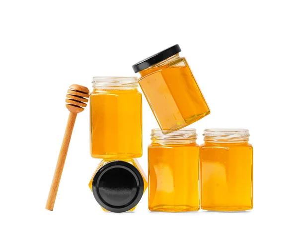 Begreppsmässig Sammansättning Glasburkar Form Honungskammar Med Honung Och Trä Dipper — Stockfoto