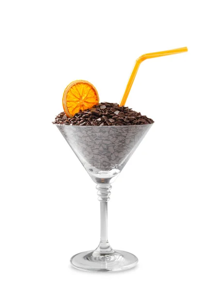Kreativní Složení Čokoládové Lupínky Sklenici Martini Suchý Pomerančový Plátek Koktejlová — Stock fotografie