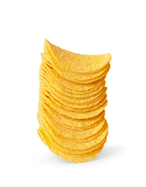 Potato Chips Beautiful Identical Shape Stacked Slide White Background Close — Stock Photo, Image