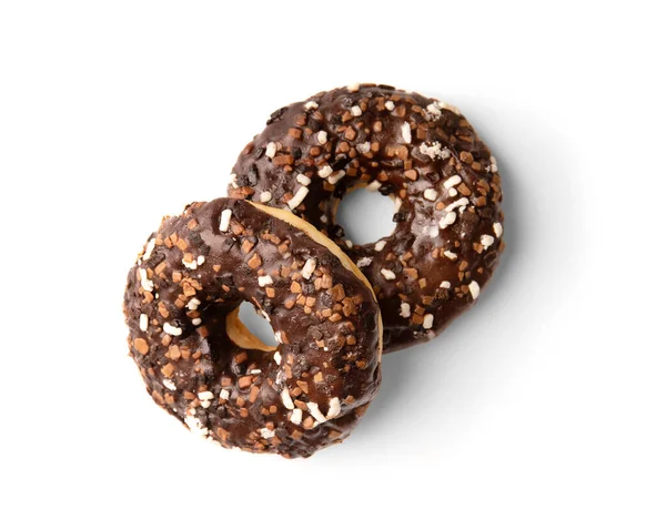 Two Donuts Chocolate Glaze Sprinkled Pieces White Milk Dark Chocolate — Stock Photo, Image