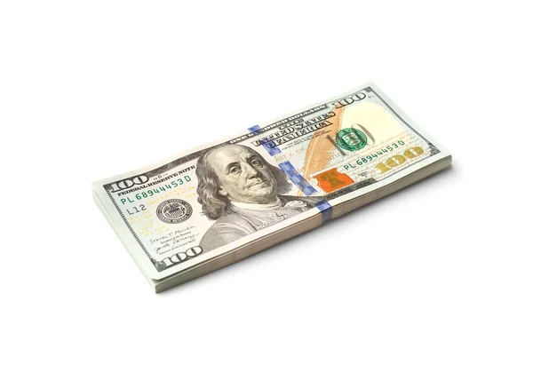 Pila Banconote 100 Dollari Isolate Sfondo Bianco Banconote Cento Dollari — Foto Stock