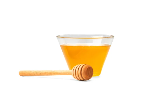 Fresh Honey Glass Transparent Bowl Wooden Dipper White Isolated Background — стоковое фото