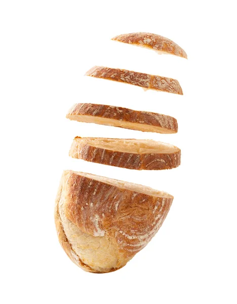 Caindo Pão Trigo Branco Fatiado Fundo Branco Verticalmente Slies Pão — Fotografia de Stock