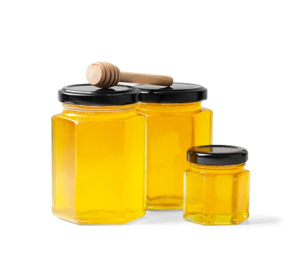 Creative Composition Glass Jars Form Honeycombs Different Size Honey White — Stock Photo, Image