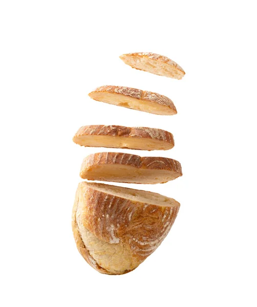 Падіння Нарізаного Хліба Білої Пшениці Білому Тлі Вертикально Шнурки Зрізаного — стокове фото