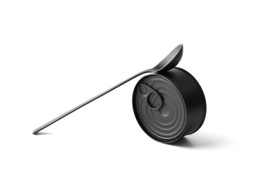 Siyah mat kapalı teneke kutu ve siyah kaşık beyaz arka planda izole edilmiş, konserve yiyecekler, konserve yiyecekler, konserveler.