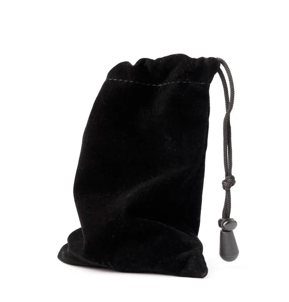 stock image Black soft fabric pouch with drawstring isolated on white background. Velvet black bag.