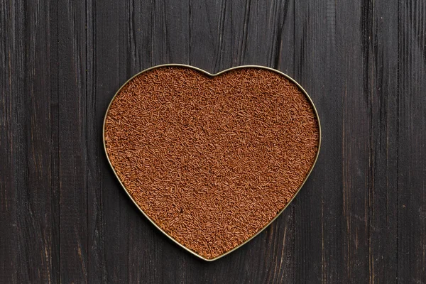 Chocolate Chips Heart Shaped Box Dark Wooden Background Top View — Stock Photo, Image