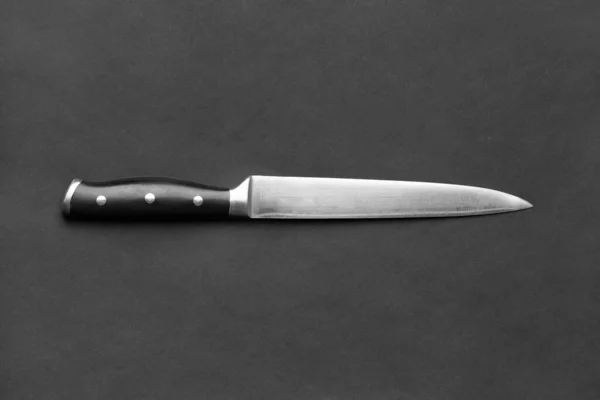 Kitchen Knife Black Handle Black Background Copy Space Large Knife — Stock Photo, Image