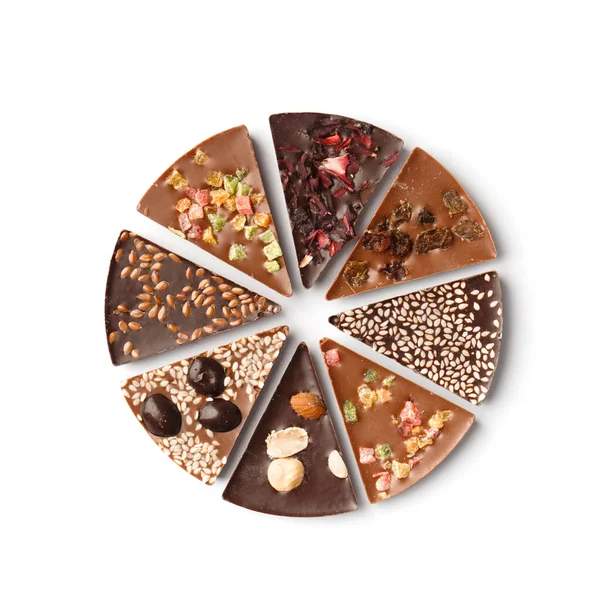 Csokoládé Pizza Készült Fekete Tejcsokoládé Kandírozott Gyümölcsök Dió Mazsola Fehér — Stock Fotó