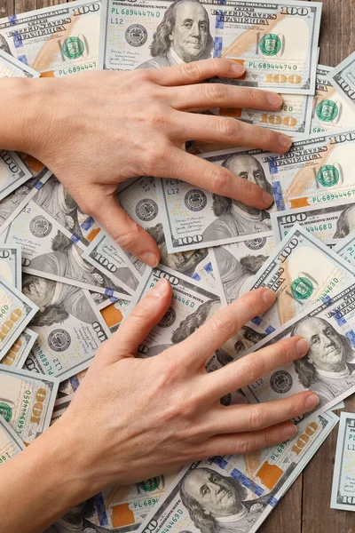 Mani Avide Coprivano Stringevano Banconote 100 Dollari Concetto Avidità Corruzione — Foto Stock