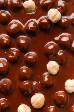 Background of dark chocolate and hazelnuts. Black handmade chocolate with nuts top view macro shot.