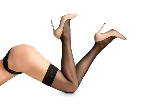 Female Legs Black Stockings Beige High Heeled Shoes Isolated White — Stock Photo, Image