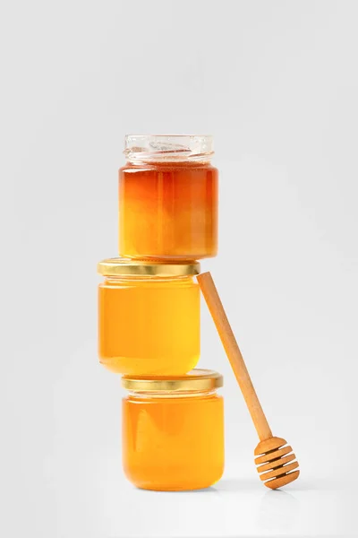 Honey Glass Jars Dipper Organic Honey Jars White Background Open — Fotografia de Stock