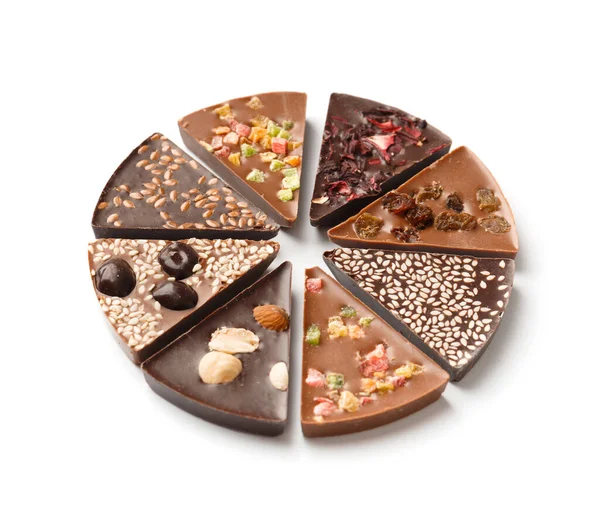 Csokoládé Pizza Készült Fekete Tejcsokoládé Kandírozott Gyümölcsök Dió Mazsola Fehér — Stock Fotó