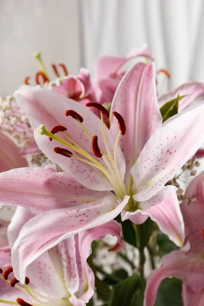 Bouquet Pink Lilies White Background Close Lily Flowers Background Stock Image