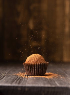 Kakao tozu güzel bir ışığın altında çikolatalı bir trüf mantarına serpilmiştir. Bir top çikolatalı trüf koyu bir arka plan üzerine kakao serpiştirilir. Gurme bir mantarın kavramsal fotoğrafı.