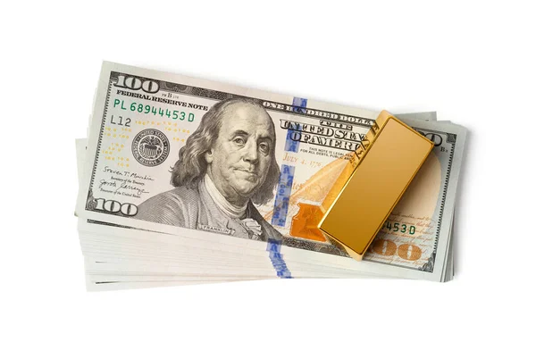 Zlaté Cihly Bankovky Výši 100 Dolarů Bílém Pozadí Horní Pohled — Stock fotografie