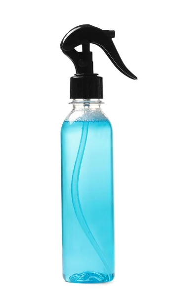 Garrafa Plástico Branco Com Pulverizador Líquido Azul Interior Para Produtos — Fotografia de Stock