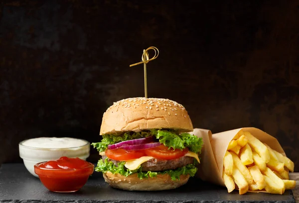 Juicy Appetizing Beef Burger French Fries Two Sauces Black Slate — Stock Photo, Image