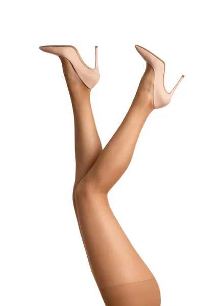 Patas Femeninas Delgadas Medias Beige Transparentes Elegantes Zapatos Tacón Alto — Foto de Stock