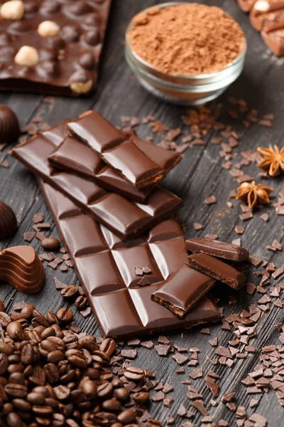 Chocolate Cocoa Powder Chocolate Chips Cinnamon Star Anise Dark Wooden — Stock Fotó