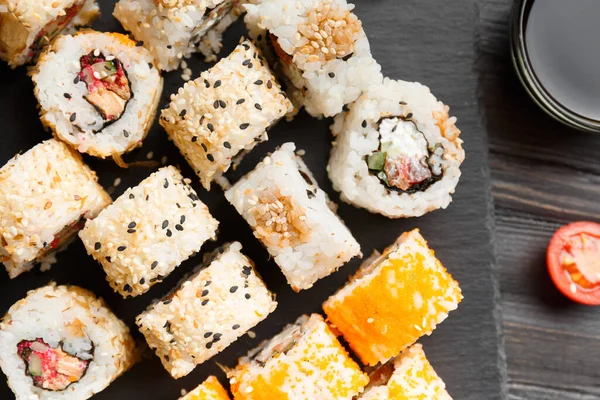 Set Sushi Rolls Salmon Tuna Caviar Sesame Seeds Black Stone — Stock Photo, Image