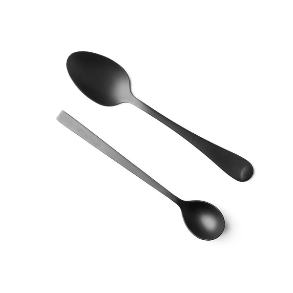 Black Matte Metal Spoons White Background Top View Black Cutlery — Stock Photo, Image