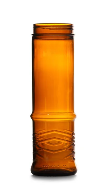 白を基調とした珍しい形のダークアンバーブラウンのガラス製の空のビールボトル 飲み物用ガラス — ストック写真