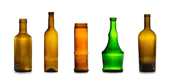 Set Empty Glass Bottles Different Colors Shapes Alcoholic Non Alcoholic — Stock Photo, Image