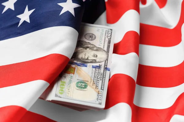 Bandiera Nazionale Americana Banconote Cento Dollari Concetto Business Finanza Economia — Foto Stock