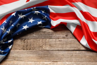 Kırsal ahşap arka planda Amerikan bayrağı, kopyalama uzayı. Amerikan halkının gururu. ABD 'de bağımsızlık, özgürlük ve vatanseverliğin sembolü.