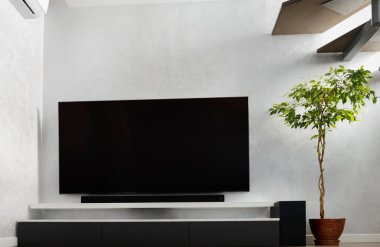 Oturma odasının içinde duvarında televizyon, hifi ekipmanları, ses çubuğu, gri dolap ve büyük bir kapalı çiçek olan kısmı. TV ve müzik sistemi iç mekanda.