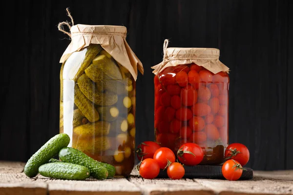 Canned Cucumbers Gherkins Cherry Tomatoes Jars Fresh Vegetables Preservation Dark — Stock Photo, Image