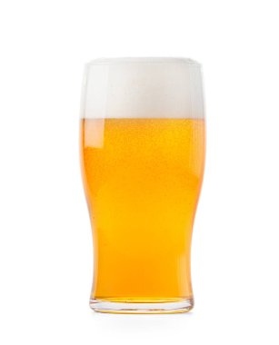A glass of light beer with beautiful foam isolated on a white background, beer in a glass mug.