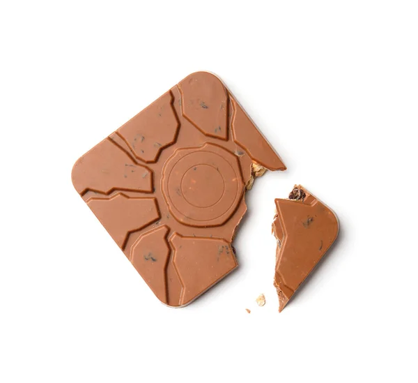 Fındıklı Kuru Üzümlü Çikolata Kare Şeklinde Beyaz Arka Planda Kırık — Stok fotoğraf