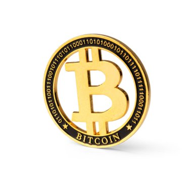 Beyaz zemin üzerinde izole edilmiş dijital para birimi altın bitcoin (BTC). Kripto para, sanal para. İnternetteki sanal uluslararası para birimi ve iş konsepti.