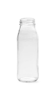 Beyaz arka planda izole edilmiş içecekler için boş cam şeffaf şişe. Süt, meyve suyu ve su için cam eşyalar.