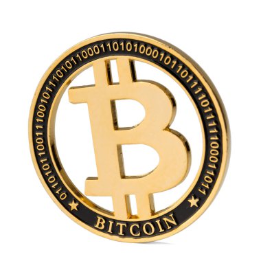 Beyaz zemin üzerinde izole edilmiş dijital para birimi altın bitcoin (BTC). Kripto para, sanal para. İnternetteki sanal uluslararası para birimi ve iş konsepti.