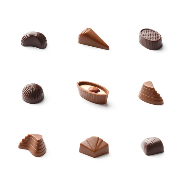 Dulces Chocolate Conjunto Chocolates Blanco Aislado Primer Plano Praliné Chocolate — Foto de Stock